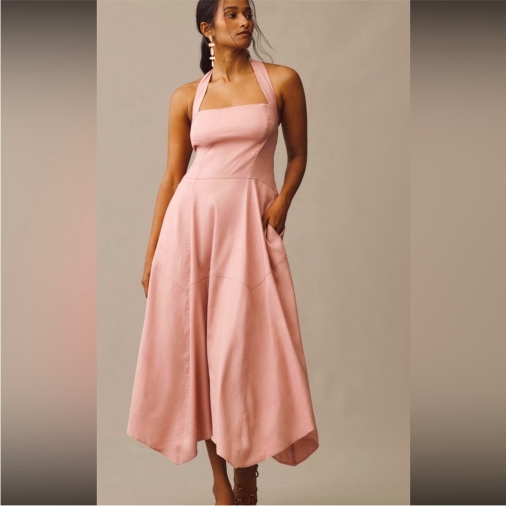 Anthropologie Stretch Linen Halter Midi Dress Size Large